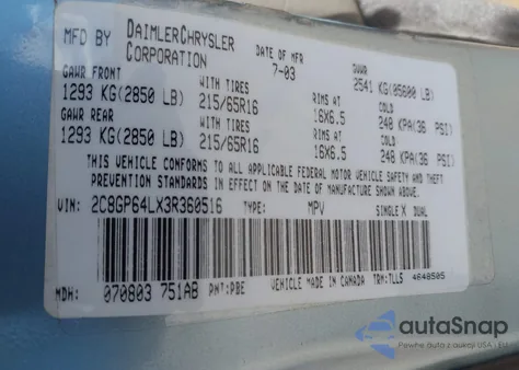 2003 Chrysler Town & Country Limited z USA, uszkodzony, nr VIN 2C8GP64LX3R360516